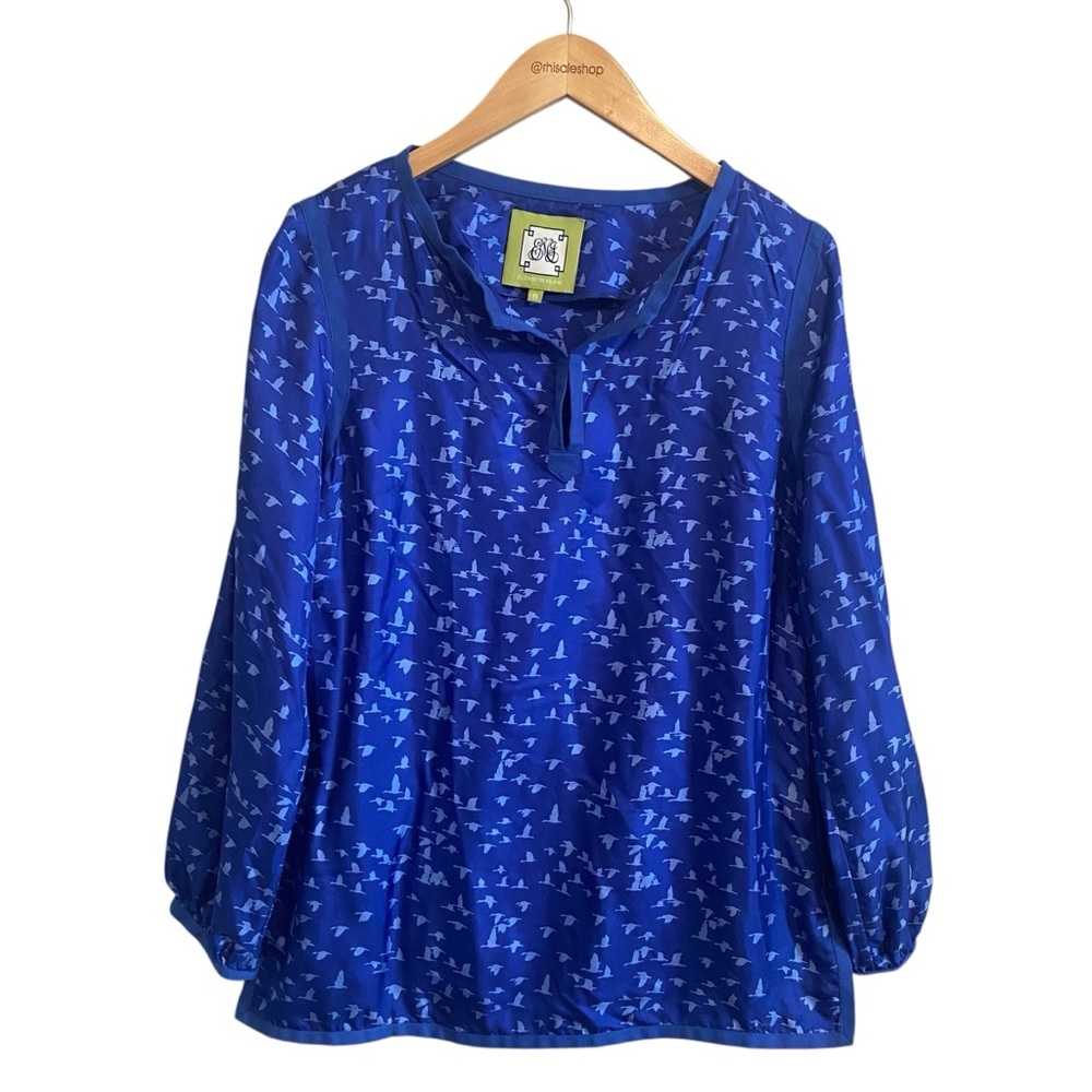 Elizabeth Mckay Blue Bird Print 100% Silk Long Sleeve Popover Blouse Size 8